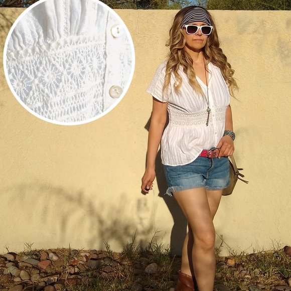 Sundance White Smocked Button Down Blouse - Picture 1 of 12